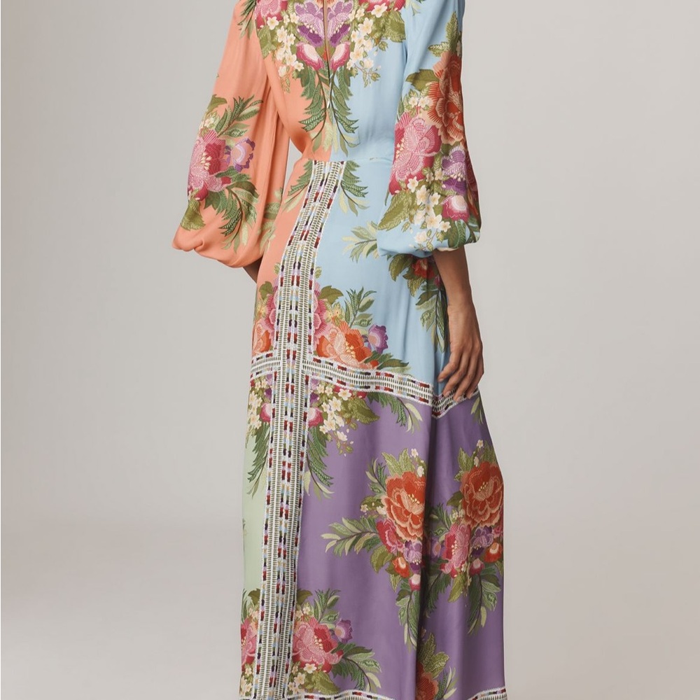 NWT FARM Rio x Anthropology Long Sleeve V-Neck Blue Maxi Floral Dress Size XS - Picture 5 of 13